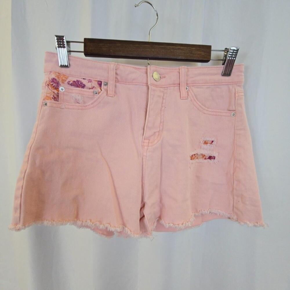 Time And Tru Shorts Womens 4 Pink Floral Denim Cutoff High Rise Stretch Summer